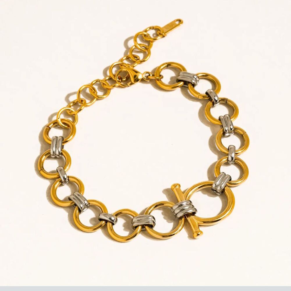 Cleo 18K Gold Non-Tarnish Hypoallergenic Water Resistant Two-Tone Link Bracelet - Picture 2 of 5